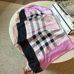 Boutique 100% Silk Pink Plaid Square Scarf Lightweight Satin Classic